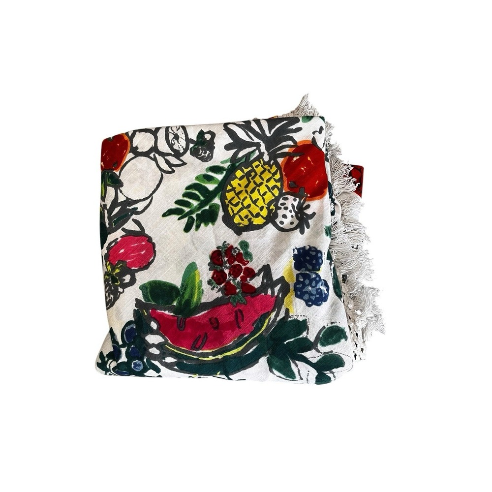 Anthropologie Round Tablecloth Fruit Print 90" Fringed Colorful